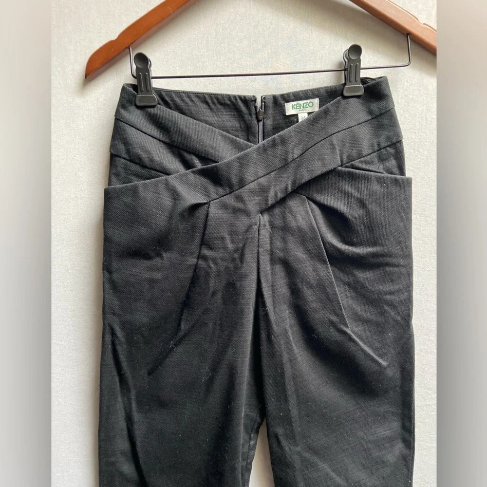 Kenzo Paris Black Cotton Pants Criss Cross Pleated Front Size 34 26"